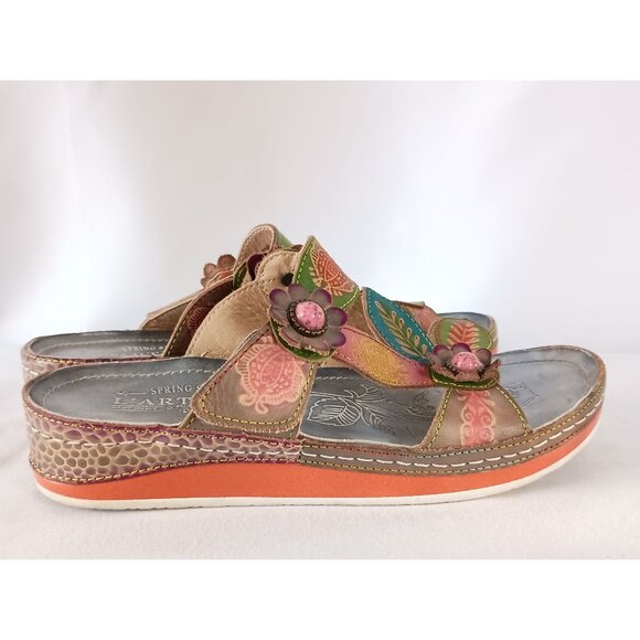 Spring Step L’Artiste Pillow Sandal Gray 38 Hand Painted Leather Wedge NEW - Picture 1 of 12